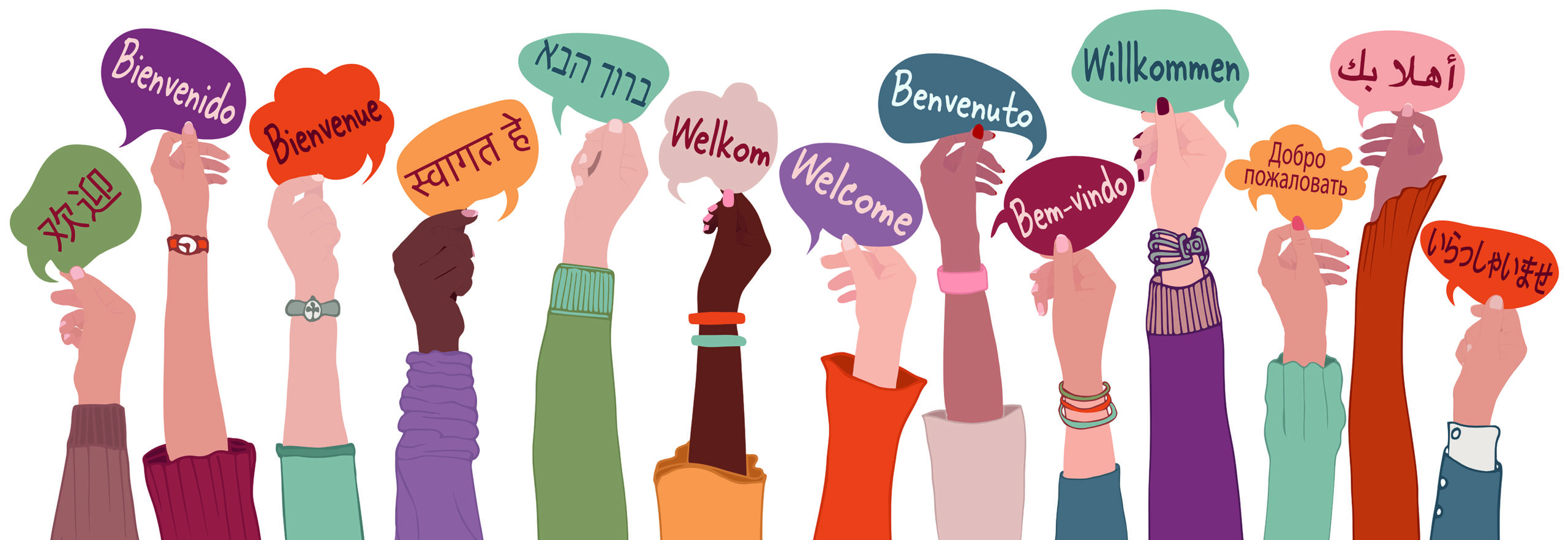 Raised arms and hands of multi-ethnic people from different nations