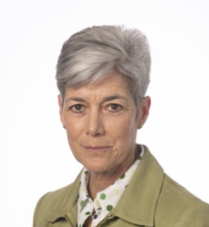 A headshot of Gill looking at the camera against a white backdrop. She is a white woman with grey hair, wearing a beige jacket and white shirt.